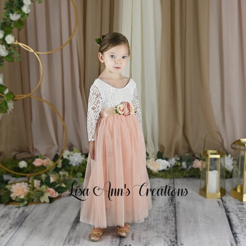 Light Peach Flower Girl Dress, Tulle Flower Girl Dress, Junior Bridesmaid Dress, 1st Birthday Dress, Boho Dress, Lace Long Sleeve Dress hot