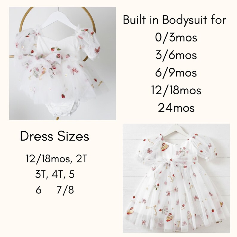 May include: White baby dress with a built-in bodysuit, adorned with strawberry and bow details. The dress features short, puffy sleeves and a tulle overlay. Sizes available include 0/3mos to 24mos, and dress sizes from 12/18mos to 7/8.