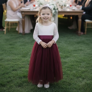 Burgundy Flower Girl Dress Toddler Flower Girl Wine Lace Sunflower Sash Tulle Long Sleeve Dress