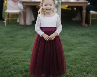 Burgundy Flower Girl Dress Toddler Flower Girl Wine Lace Sunflower Sash Tulle Long Sleeve Dress