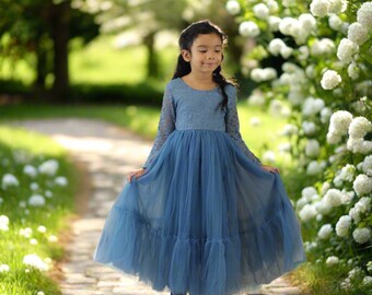 Long Sleeve Flower Girl Dress Dusty Blue Rustic Flower Girl Dresses Mermaid Boho Lace Flower Girl's Tulle Flower Girl Long Sleeve Dress