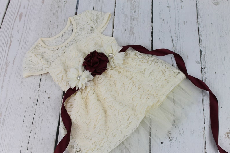 Rustic Flower Girl Dress Ivory Flower Girl Dress Burgundy Sash /& Headband Vintage Country Flower Girl