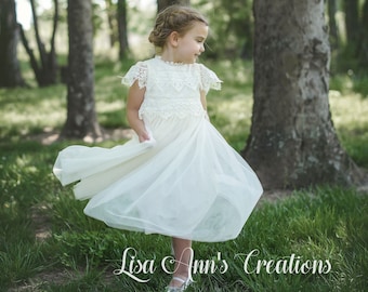 Bohemian Lace Flower Girl Dress Ivory Rustic Tulle Wedding Dress Bohemian Lace Dress Boho Christening Gown Baptism Dress