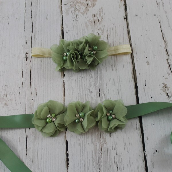 Sage Flower Girl Sash & Sage Headband Flower Girl Rustic Flower Girl in Navy Red Blush Coral Teal Emerald Burgundy Grey Sash and Headband