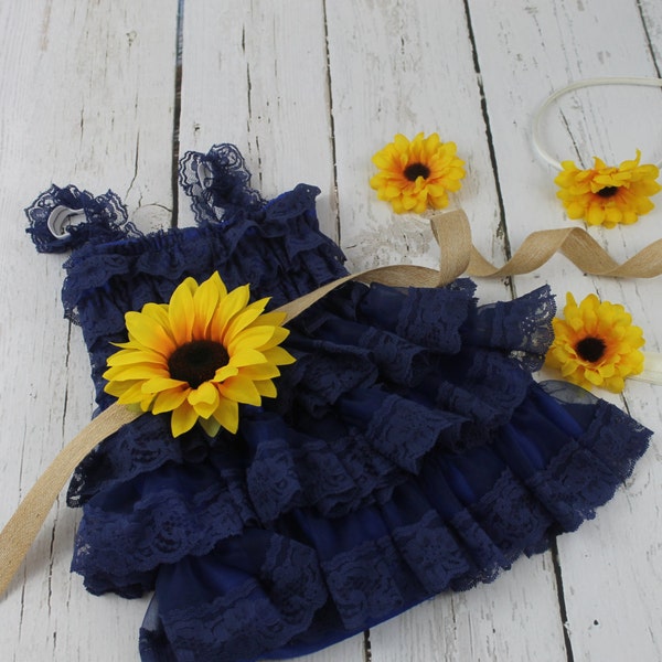 Navy Flower Girl Dress Sunflower Flower Girl Dress Rustic Navy Flower Girl Dress Navy Jr Bridesmaid Dress Navy Country Wedding Dress