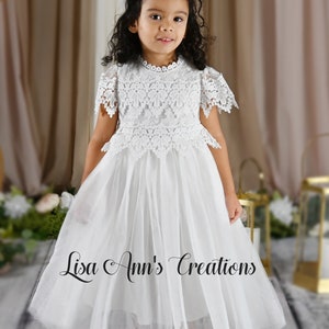 Bohemian White Flower Girl Dress, Rustic Lace Tulle Christening Dress, Boho 1st Communion Dresses All White Baptism Short Sleeve Dress image 2