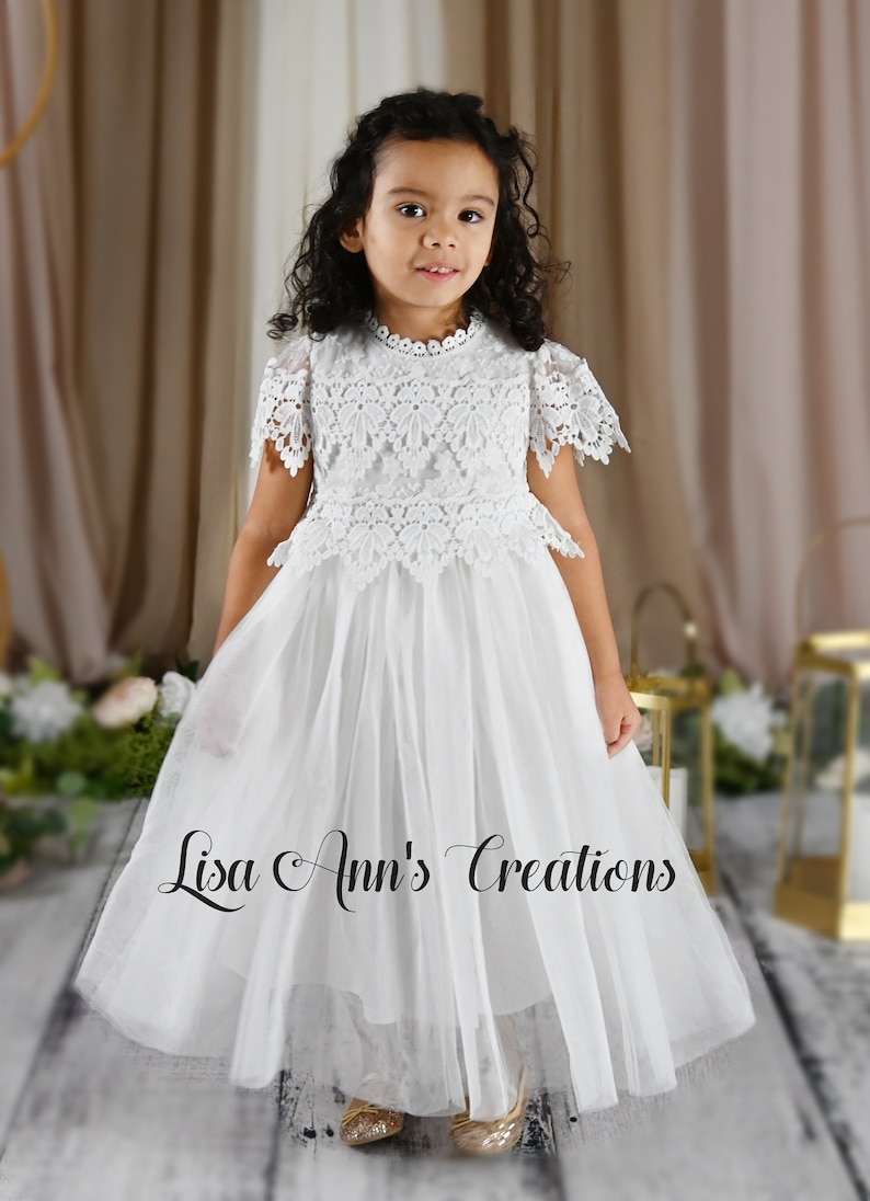 Bohemian White Flower Girl Dress, Rustic Lace Tulle Christening Dress, Boho 1st Communion Dresses All White Baptism Short Sleeve Dress image 2