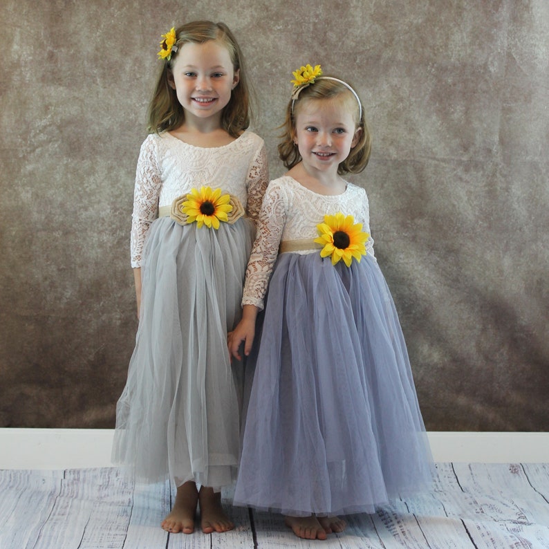 Sunflower Flower Girl Dress Grey Tulle Jr Bridesmaid Dress Etsy