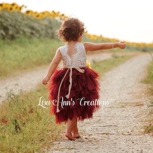 Burgundy Flower Girl Dress, Sunflower Sash Tulle Junior Bridesmaid, Tiered Layered Tutu Sleeveless Flower Girl Dress