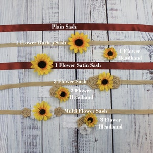 May include: A set of sunflower sashes and headbands in various styles. The sashes are made of burlap, satin, and lace, and the headbands are adorned with sunflowers. The sashes and headbands are all in shades of brown, yellow, and white.