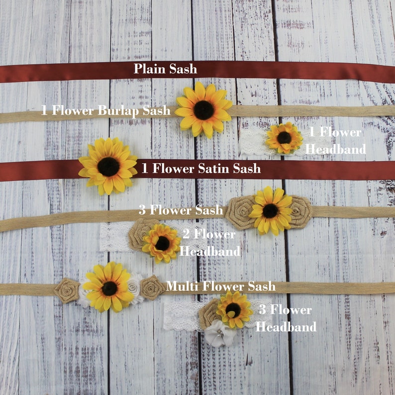 May include: A set of sunflower sashes and headbands in various styles. The sashes are made of burlap, satin, and lace, and the headbands are adorned with sunflowers. The sashes and headbands are all in shades of brown, yellow, and white.