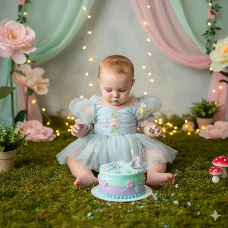 First birthday dress in a light blue floral for a fairy theme. Capture the charm of a baby girls floral dress in puffy shorts sleeves and a built in bodysuit.