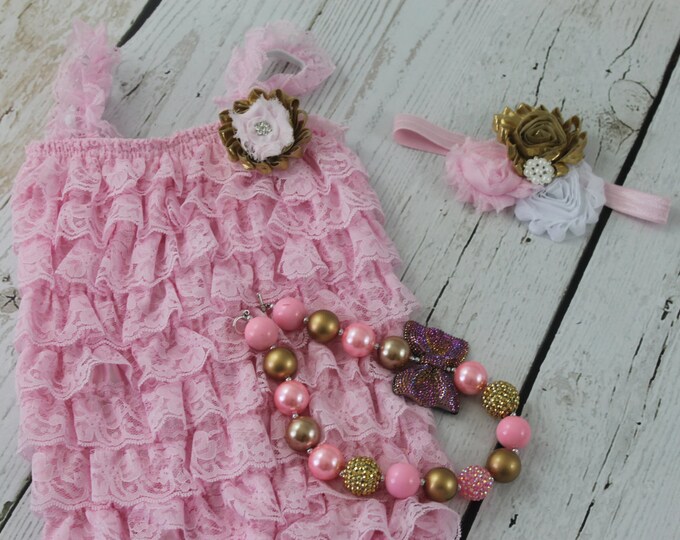 Lace Romper/Dress with pink accents & Bonnet main image 1