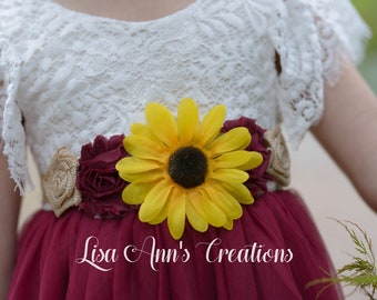 Sunflower Sash & Sunflower Headband Flower Girl Dress Burgundy Bridal Sash Country Wedding