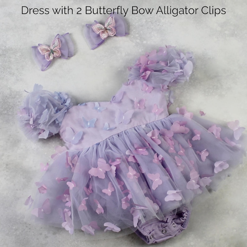 First birthday baby girl lavender butterfly dress with puffy short sleeves and built in romper/ bodysuit dress.