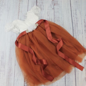 Tulle Flower Girl Dress burnt orange with white lace full length