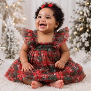 Christmas Dress Baby, Plaid Holiday Dress, Red Xmas Dress, Baby Tulle Christmas Outfit, Baby Girls Holiday Outfit Photos