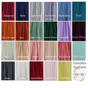 Tulle choices for flower girl dresses.  A color chart of fabric swatches with 24 different colors. The colors are: Burgundy, Navy, Light Grey, Periwinkle (Grey Blue), Dusty Blue, Teal, Burnt Orange, Rust, Sage Green, Hunter Green, Lavender, Dark Plum, Ivory, Champagne, Blush, Light Peach, Dusty Rose, Light Mint, Black, White, Scarlet Red, Light Pink, Yellow.