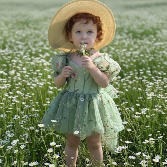 Flower Girl Dress Sage Green Floral Dresses Embroidered Baby Birthday Short Sleeve Dress