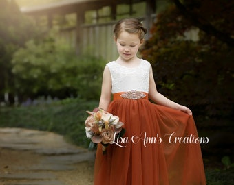 Flower Girl Dresses Burnt Orange Junior Bridesmaid Boho Flower Girl Fall Flower Girl Tulle Flower Girl Lace Sleeveless Flower Girl Dress