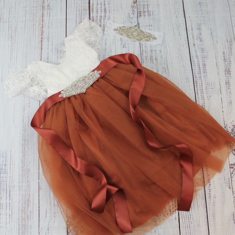 Short Sleeve Flower girl dress burnt orange tulle white lace