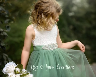 Sage Flower Girl Dress Lace Tulle Junior Bridesmaid Dress Rhinestone Sash Sleeveless Dress