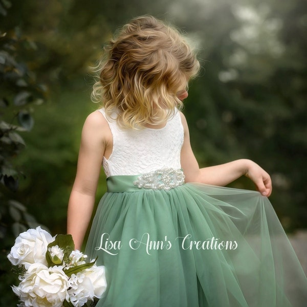 Sage Flower Girl Dress Lace Tulle Junior Bridesmaid Dress Rhinestone Sash Sleeveless Dress