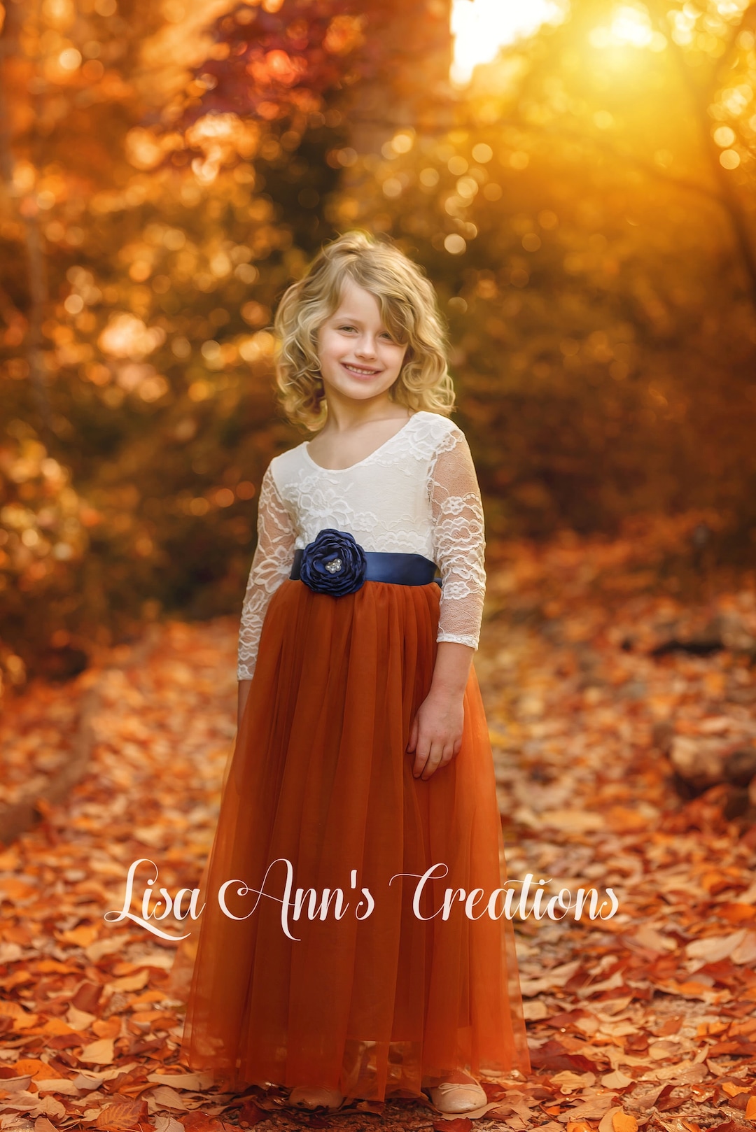 Burnt Orange Flower Girl Dress Rust Boho Flower Girl Dress Tulle Junior Bridesmaid Dress Navy Sash Long Sleeve Dress