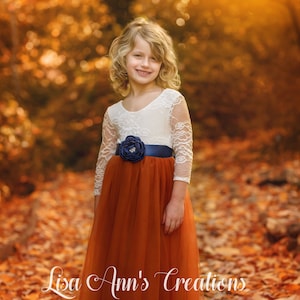 Burnt Orange Flower Girl Dress Rust Boho Flower Girl Dress Tulle Junior Bridesmaid Dress Navy Sash Long Sleeve Dress