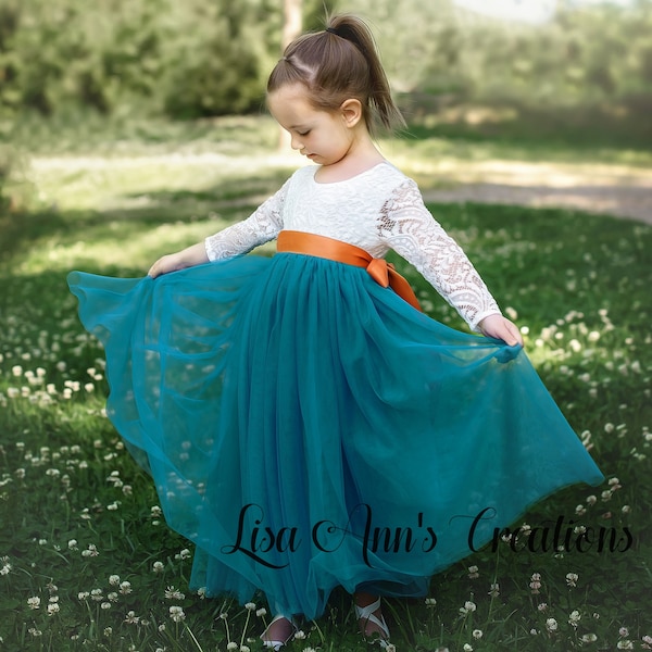 Flower Girl Dress Teal Flower Girl Boho Flower Girl Teal Blue Tulle Flower Girl Bohemian Flower Girl Long Sleeve Flower Girl Dress