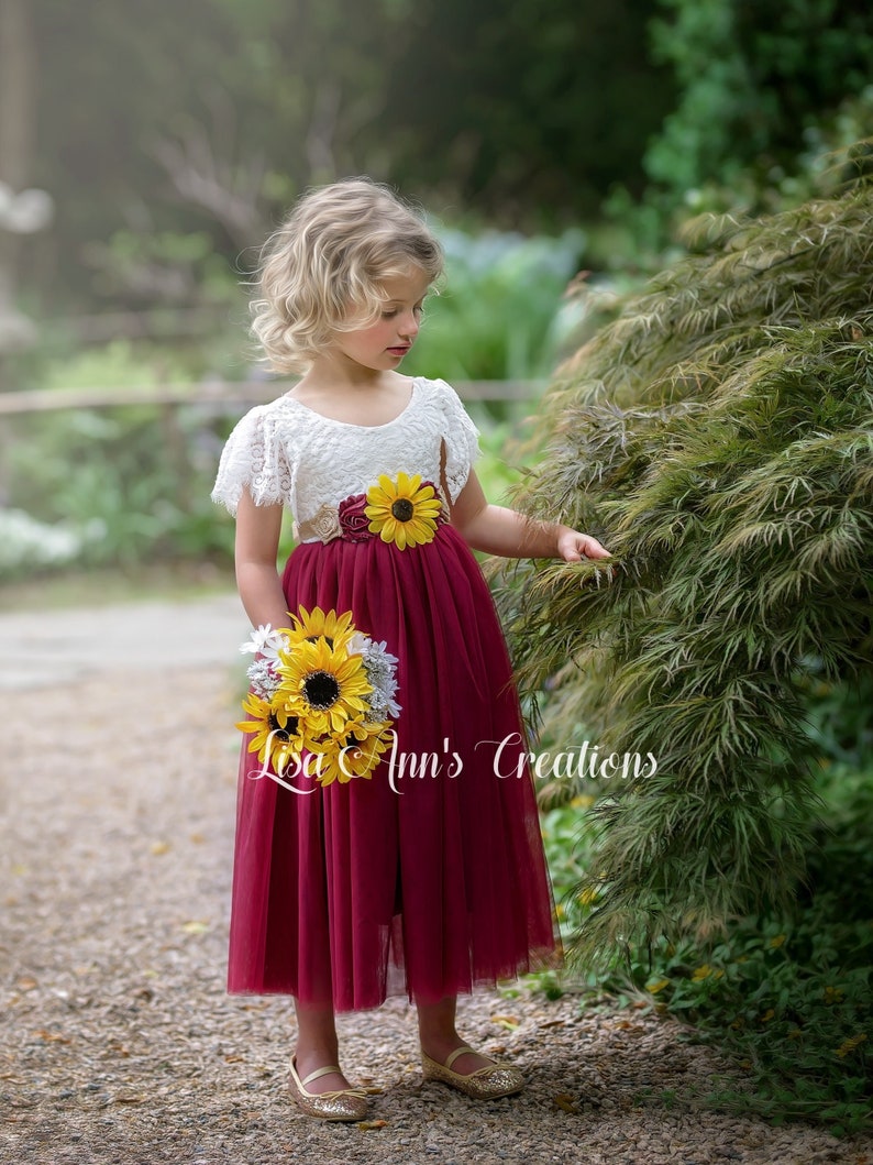 Burgundy Flower Girl Dress Sunflower Sash Junior Bridesmaid