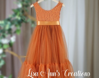 Burnt Orange Flower Girl Dress Boho Flower Girl Dresses Mermaid Rustic Lace Flower Girl Bohemian Tulle Flower Girl Sleeveless Dress