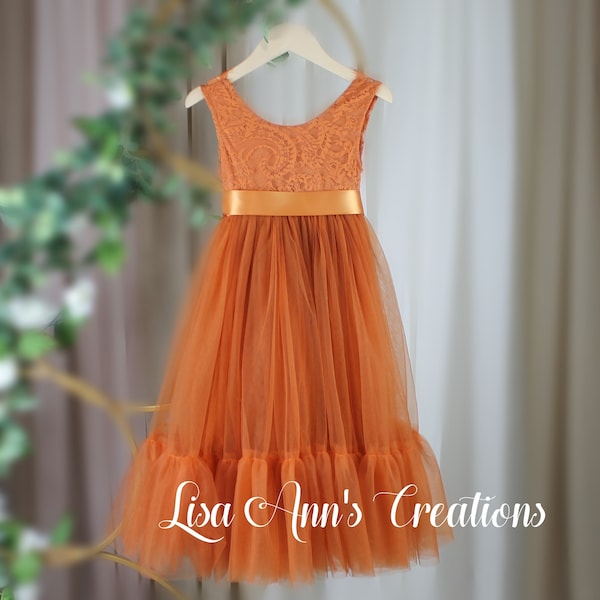 Burnt Orange Flower Girl Dress Boho Flower Girl Dresses Mermaid Rustic Lace Flower Girl Bohemian Tulle Flower Girl Sleeveless Dress