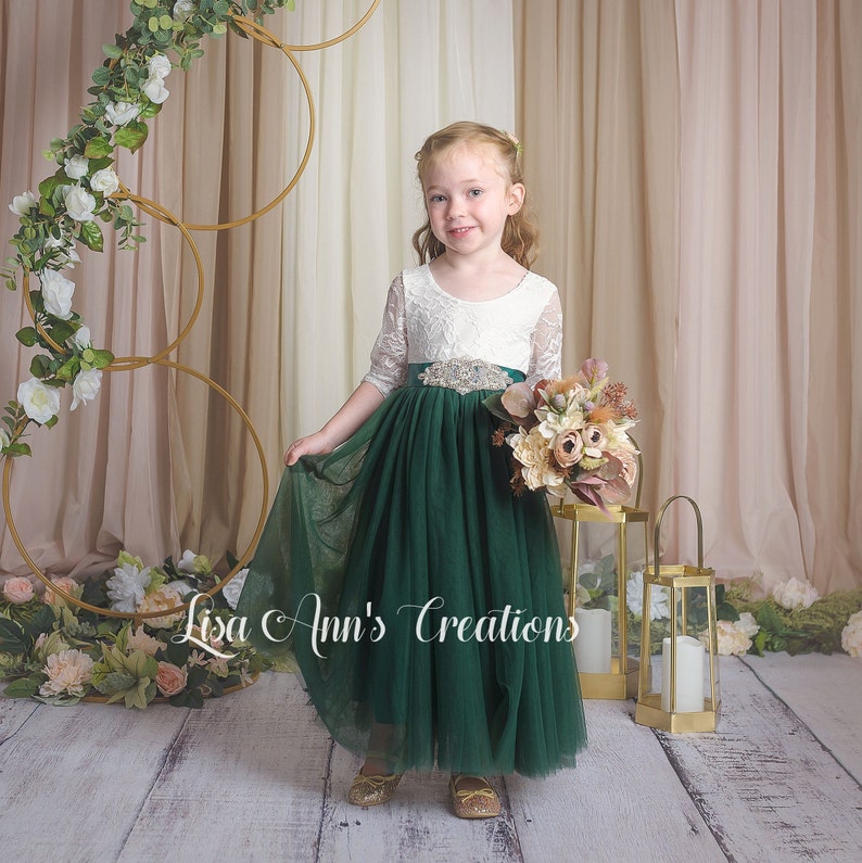Photo 1 of (XS) Flower Girl Dress Hunter Green Tulle Lace Bohemian Junior Bridesmaid Dress Long Sleeve Flower Girl Dress