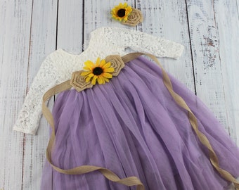 Rustic Flower Girl Dress Lavender Flower Girl Sunflower Flower Girl Dresses Junior Bridesmaid Long Sleeve Flower Girl Dress