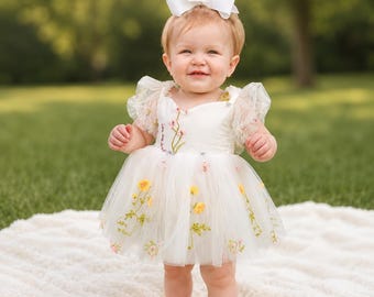 Flower Girl Dress, Baby Flower Girl Dress, Infant Flower Girl Dress, Toddler Flower Girl Dress, White Floral Embroidered Dress Short Sleeve