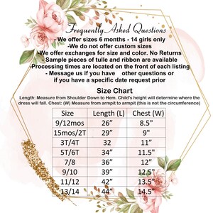May include: Size chart for girls' dresses, showing sizes from 9/12 months to 13/14 years, with corresponding length and chest measurements in inches.