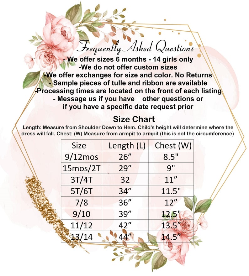 May include: Size chart for girls' dresses, showing sizes from 9/12 months to 13/14 years, with corresponding length and chest measurements in inches.