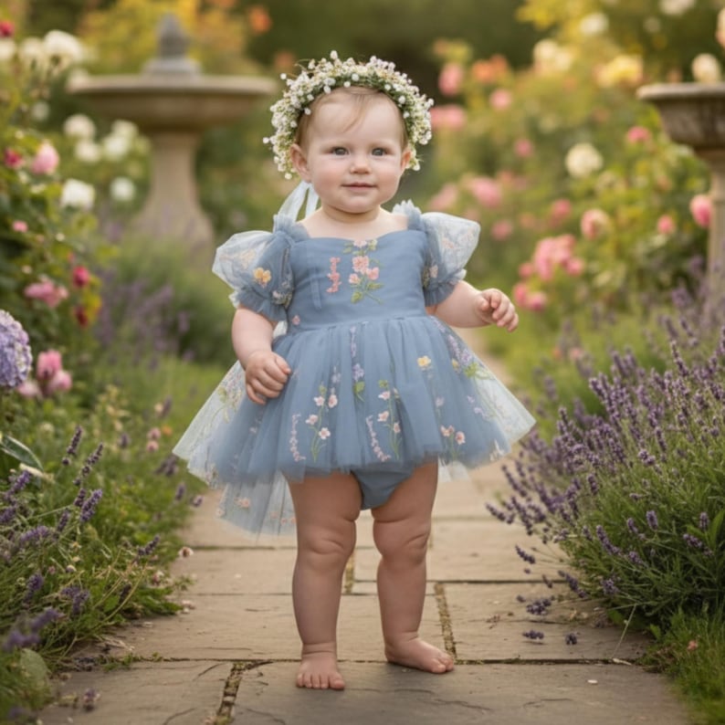 Floral White Baby Girl 1st Birthday Dress Wildflower Birthday Family Pictures Flower Girl Dress Embroidery Special Occasion Short Sleeve image 8