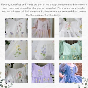 Six different styles of white tulle dresses with floral embroidery.