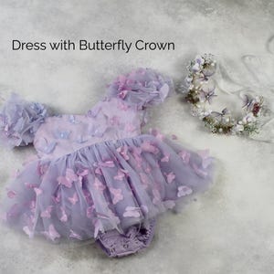 First birthday baby girl lavender butterfly dress with puffy short sleeves and built in romper/ bodysuit dress.
