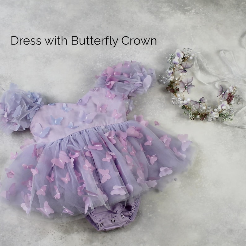 First birthday baby girl lavender butterfly dress with puffy short sleeves and built in romper/ bodysuit dress.