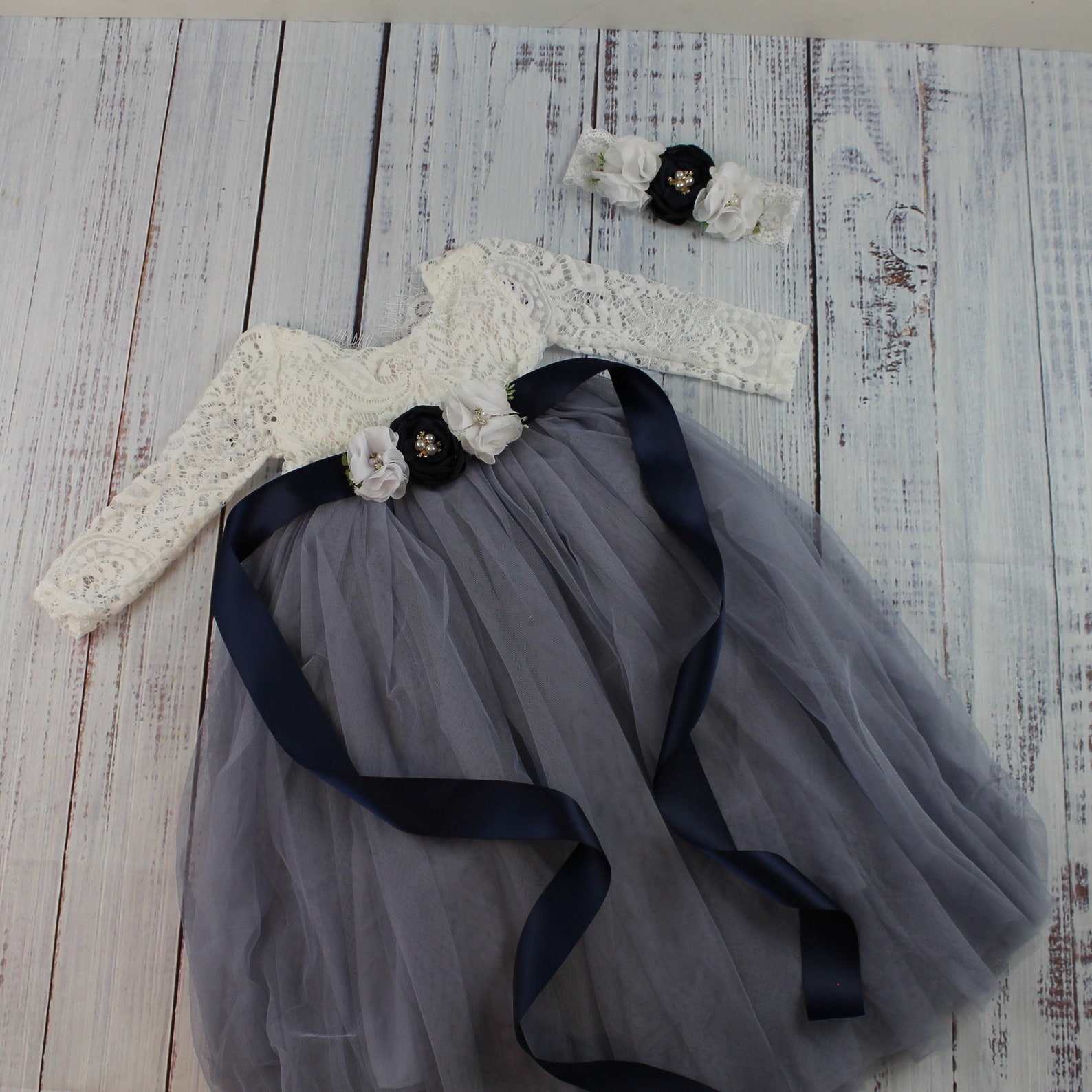 Grey Blue Cold Shoulder Tulle Junior Bridesmaid Dress