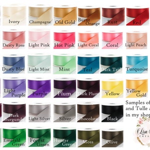 May include: A variety of ribbon samples in various colors, including white, ivory, and red. The image also displays shades of blue, green, purple, and yellow. Text in the image reads "Samples of Ribbon and Tulle available in my shop."