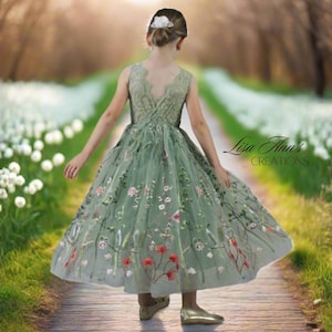 Flower Girl Dress Sage Floral Flower Girl Dress Girls Dress Sleeveless Flower Girl Dress Toddler Flower Girl Dress Spring Summer Wedding
