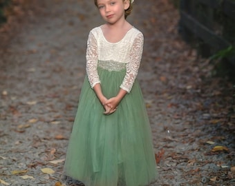 Sage Green Flower Girl Dress Rustic Flower Girl Toddler Special Occasion Dress Flower Girl Dress Lace Long Sleeve Junior Bridesmaid Dress