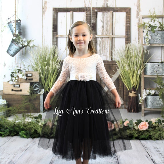 Black Flower Girl Dress Tulle Lace 