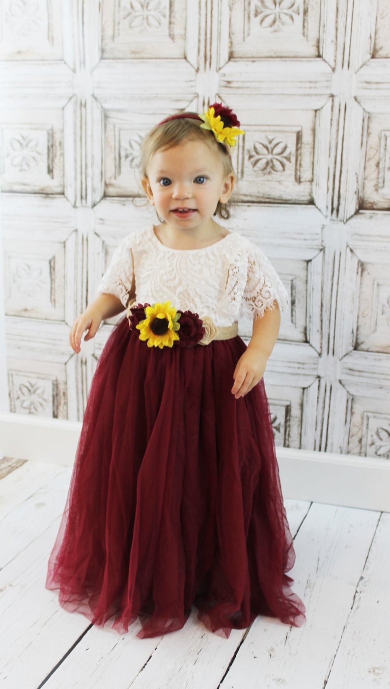 Flower Girl Dress Burgundy Rustic Sunflower Sash Lace Flower image 5