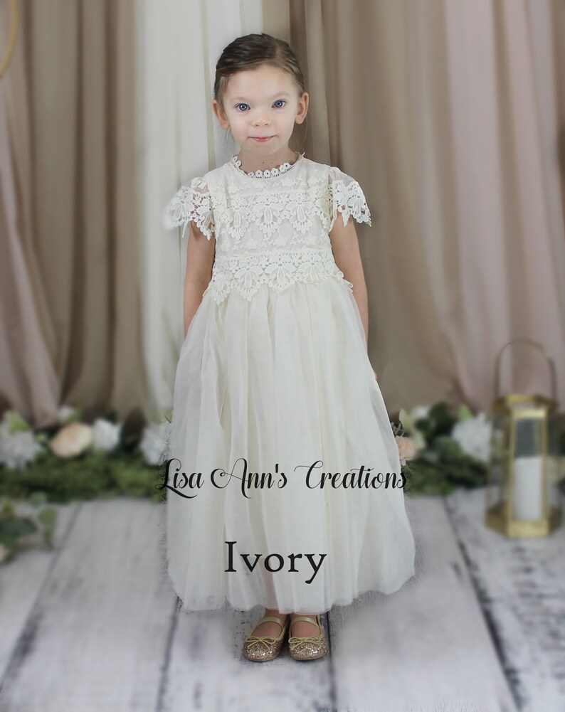 Bohemian White Flower Girl Dress, Rustic Lace Tulle Christening Dress, Boho 1st Communion Dresses All White Baptism Short Sleeve Dress image 8