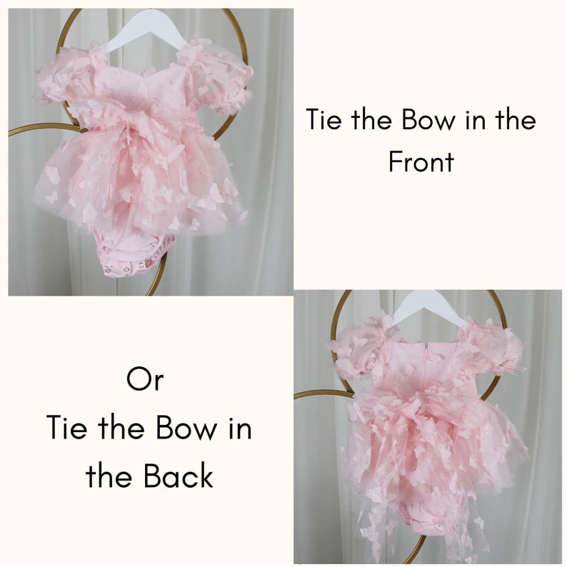 May include: A light pink romper featuring short puff sleeves and a layered tulle skirt adorned with small butterfly appliqu&eacute;s. The garment includes a long fabric sash that can be tied into a bow in the front or the back, as indicated by the text.